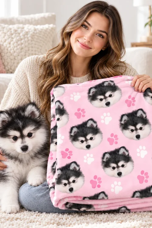 Dog face minky blanket folded as a gift, held next to the husky puppy it shows