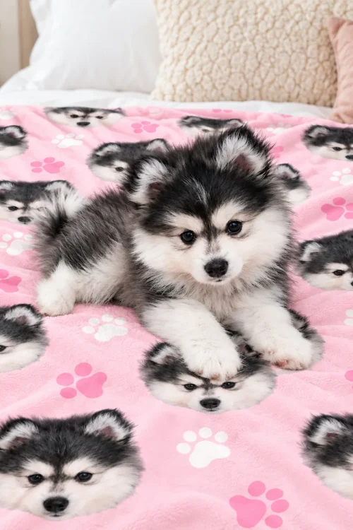 Husky puppy lying on its own dog face minky blanket