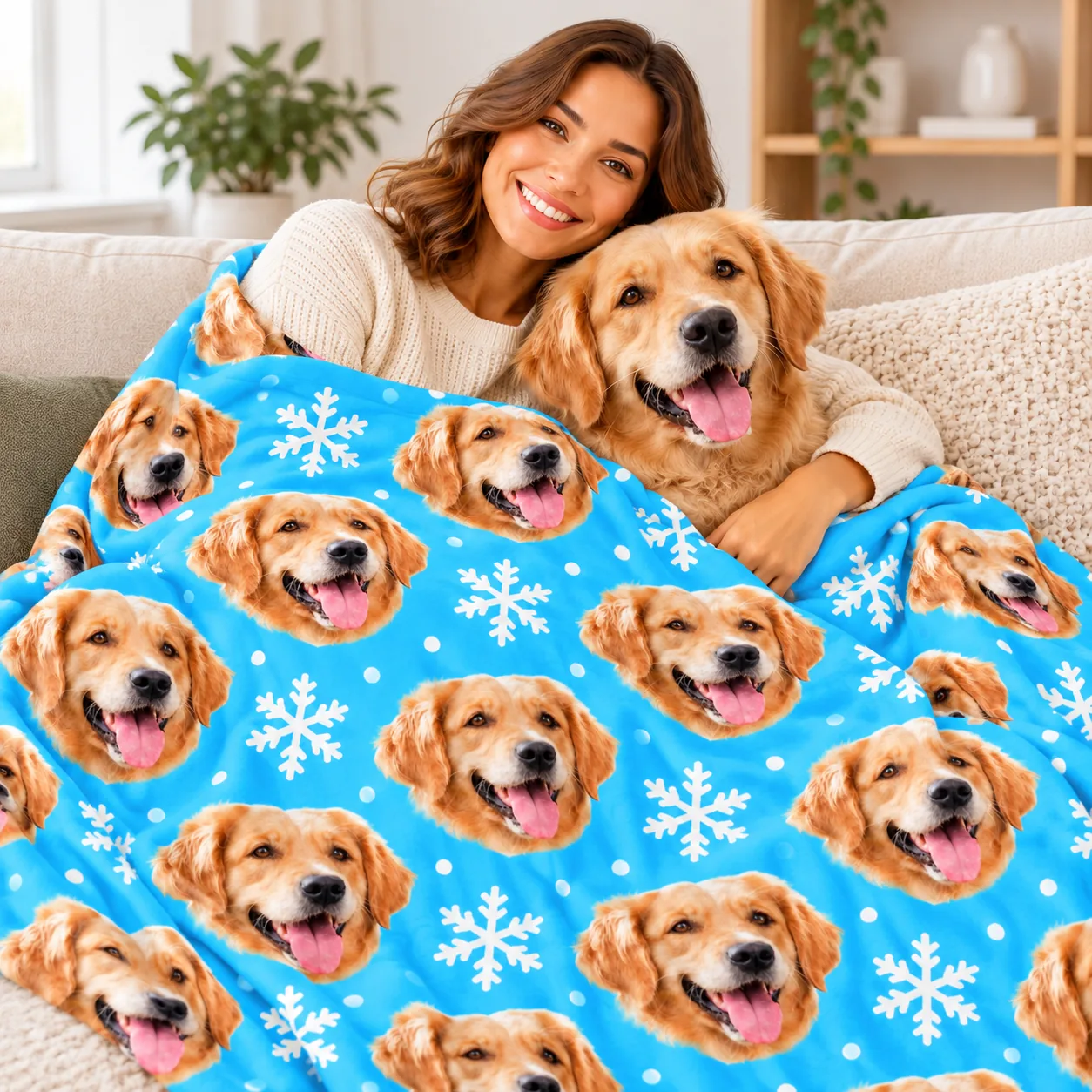 Woman cuddling her golden retriever under a blue blanket printed with the dog's face and snowflakes