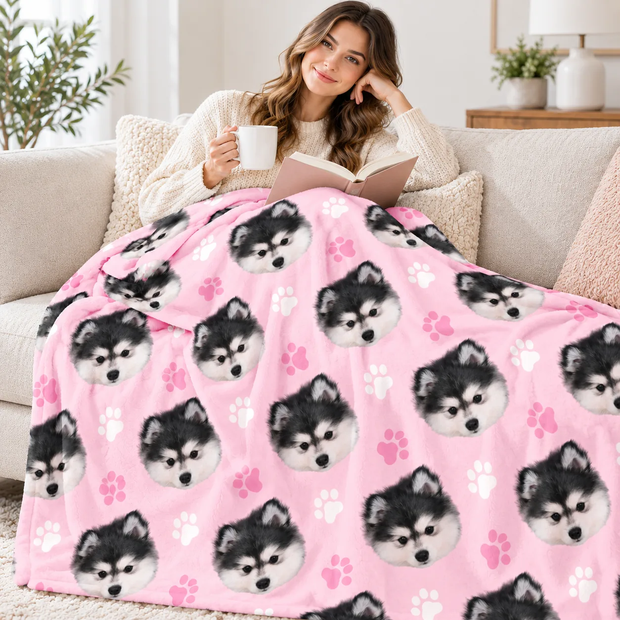 Woman reading on a sofa under a pink minky blanket printed with her dog's face