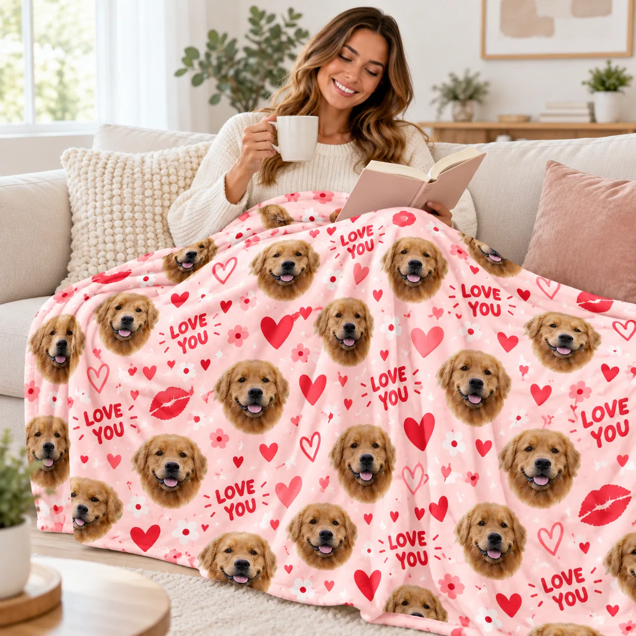 Dog mom reading under a pink minky blanket printed with golden retriever faces and hearts