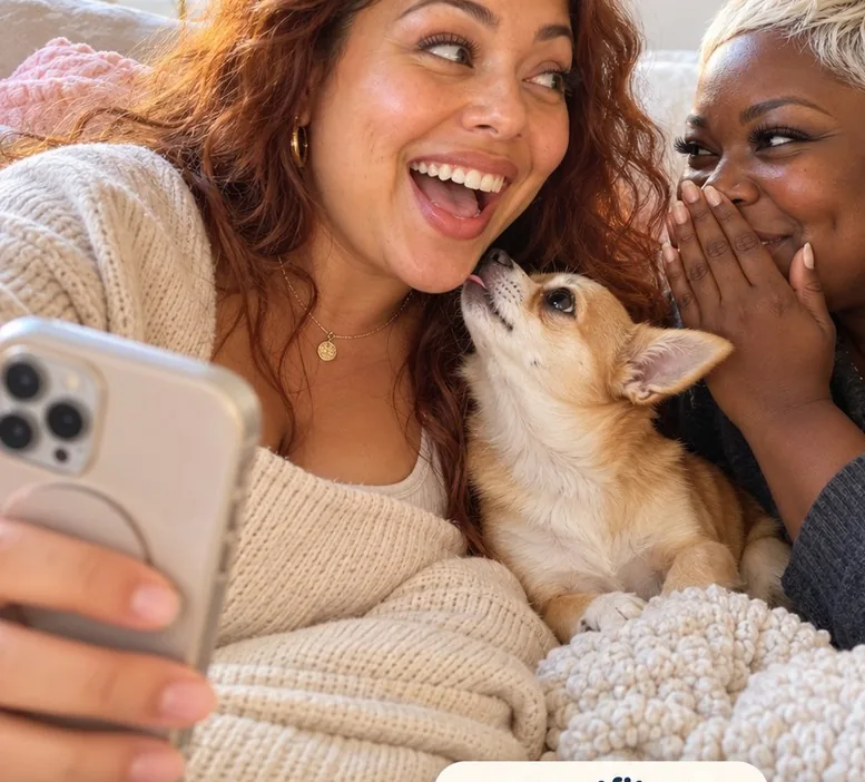 Two friends laughing with a small dog and a phone, getting a dog mom's photo without her knowing