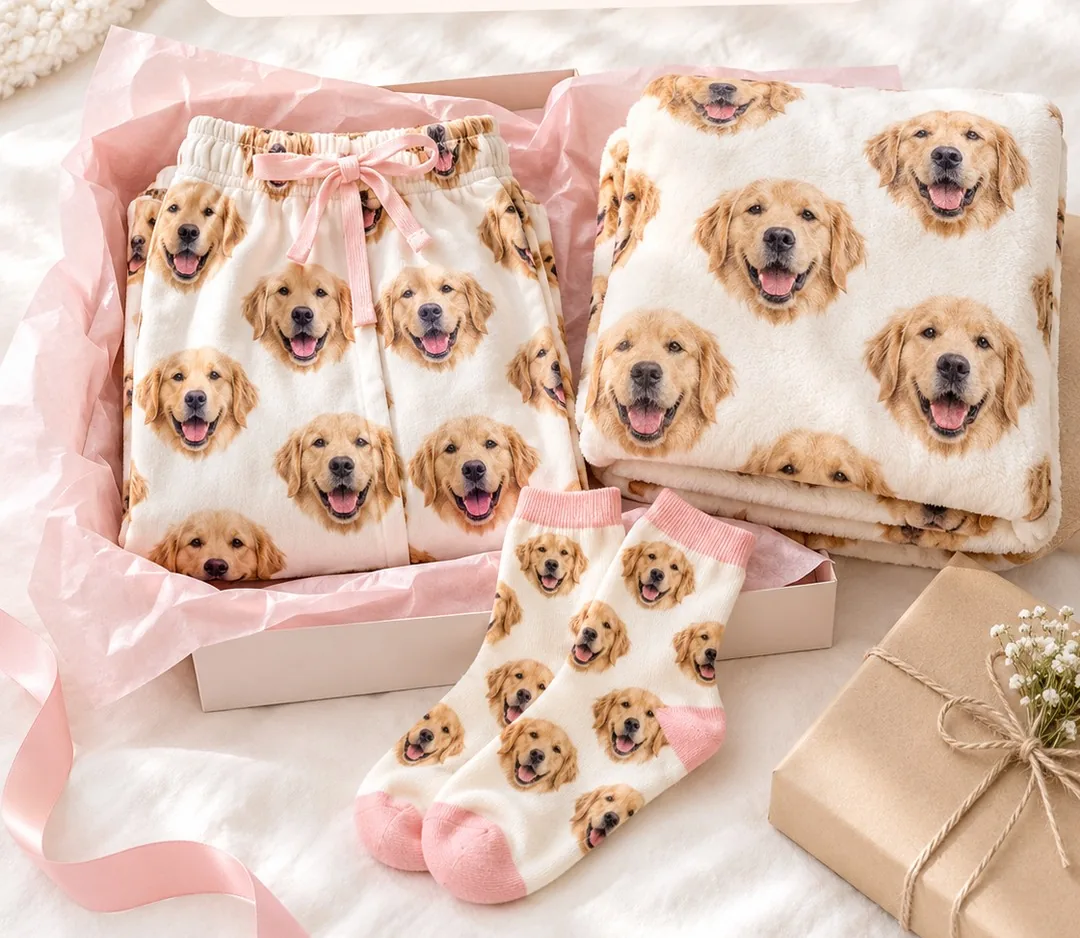 Gift box with dog mom pajama pants, a photo blanket and socks printed with a golden retriever's face