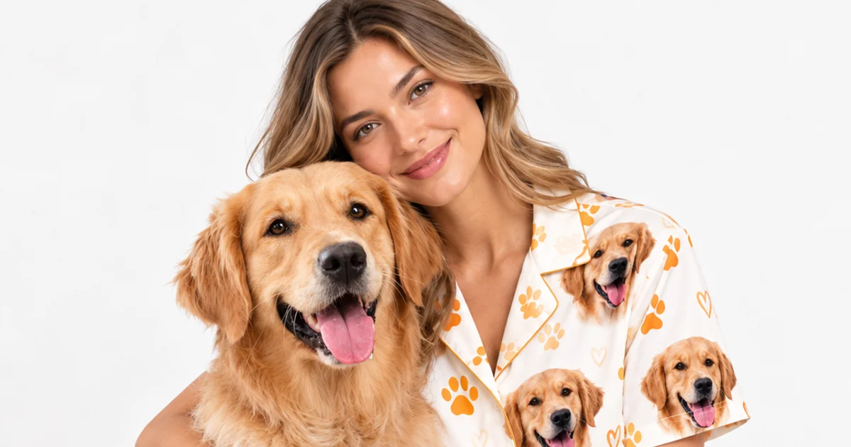 Dog mom in a short pajama set printed with her golden retriever's face, hugging her dog