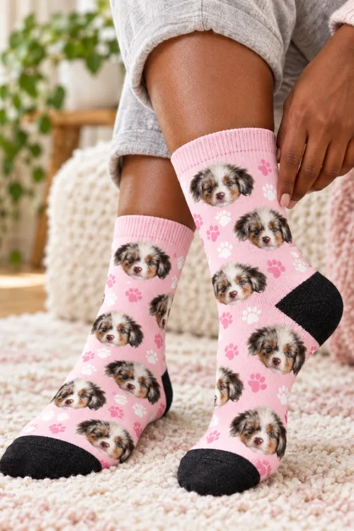 Close-up of a hand pulling up a blush pink paw print sock with puppy faces