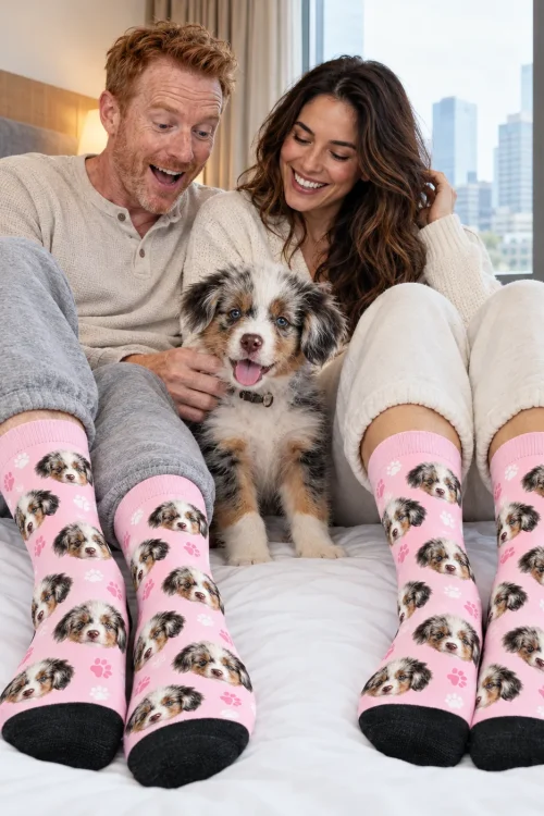 Couple in bed with their puppy, both in blush pink socks with paws and its face