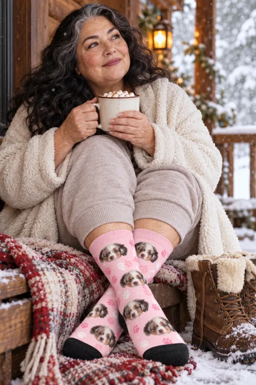 Woman with cocoa on a snowy porch in blush pink dog paw socks with puppy faces