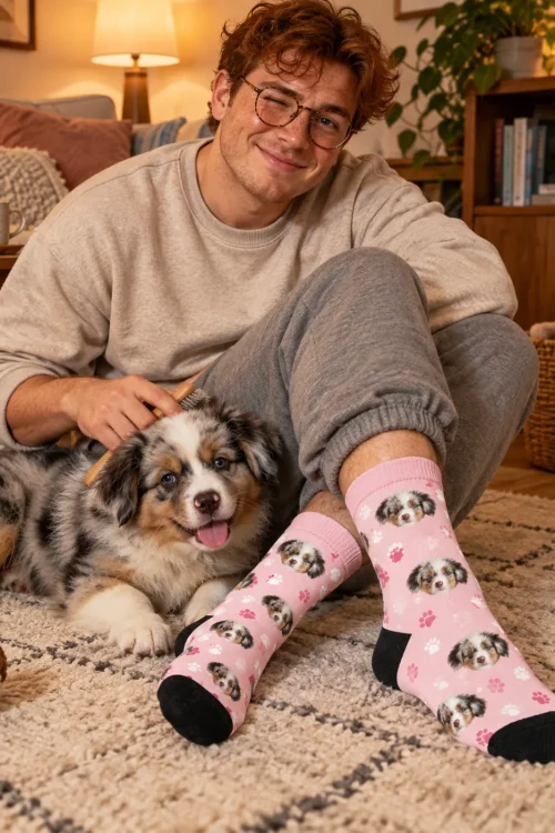 Man brushing his Aussie puppy while wearing blush pink dog paw socks with its face