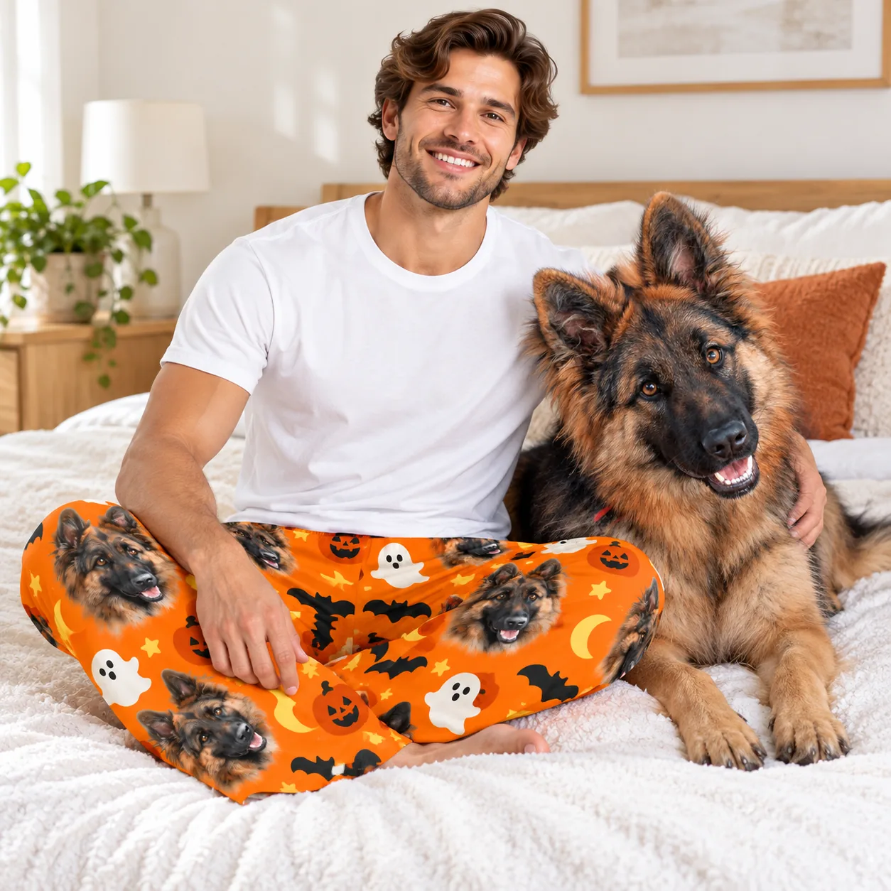 Man sitting on a bed beside his German shepherd in orange Halloween pajama pants with dog faces