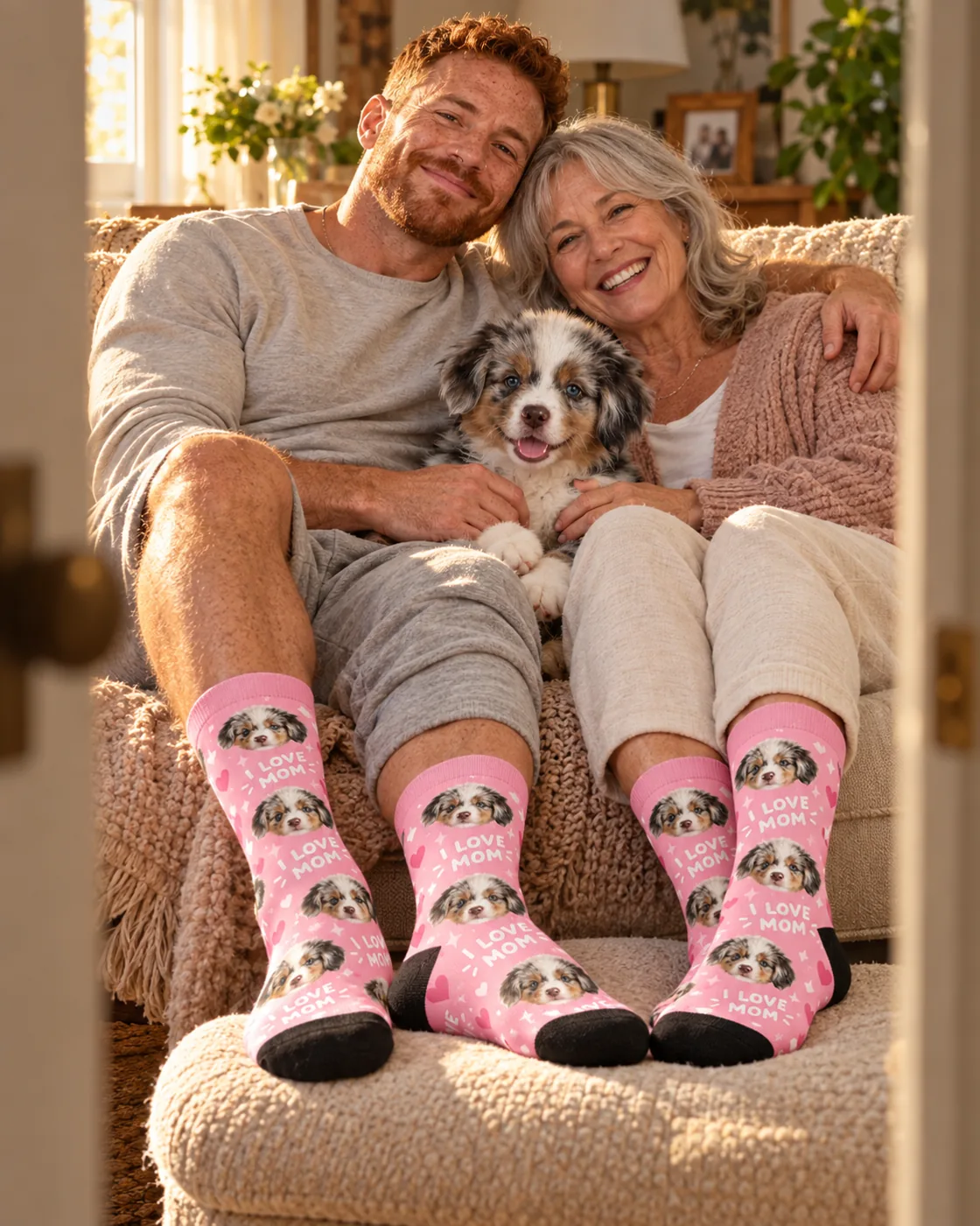 Mother and grown son on a sofa with their puppy, both in pink I Love Mom dog face socks
