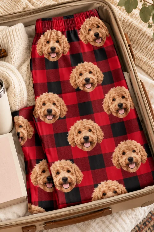 Red plaid doodle pajama pants folded in an open suitcase with a tumbler, notebook and hair clip