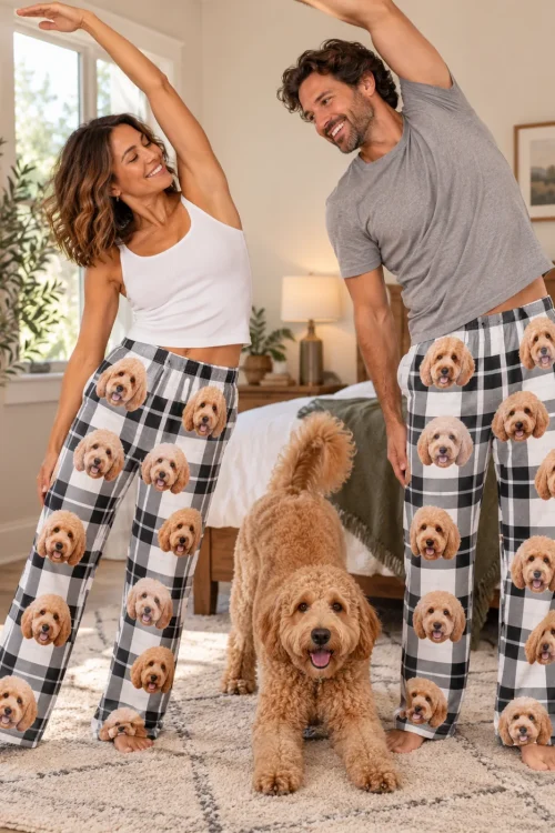 Couple stretching in a bedroom in white plaid doodle pajama pants while their goldendoodle play-bows