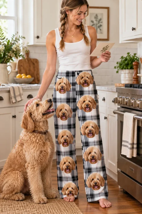 Woman reading a recipe card in white plaid doodle pajama pants, petting her goldendoodle in the kitchen