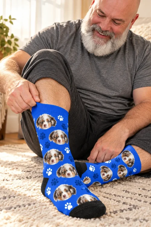 Bearded man pulling up royal blue paw face socks covered in puppy faces