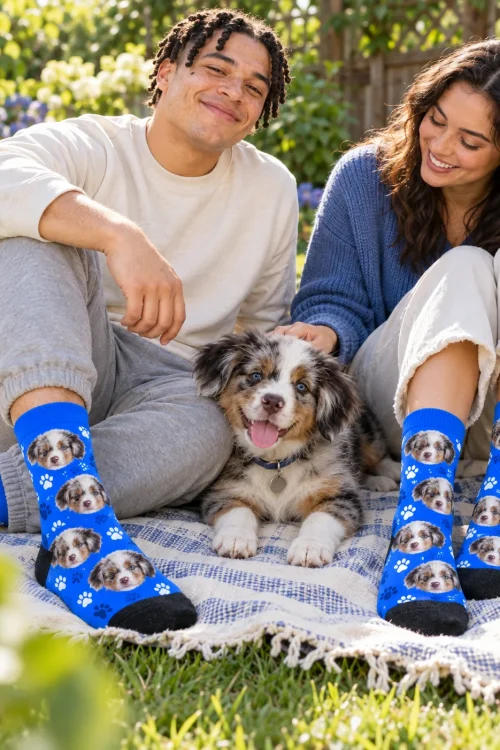 Couple on a picnic blanket with their puppy, wearing royal blue paw socks with its face