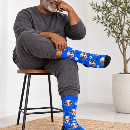 Face Socks for Men with His Pet, Royal Blue Paws