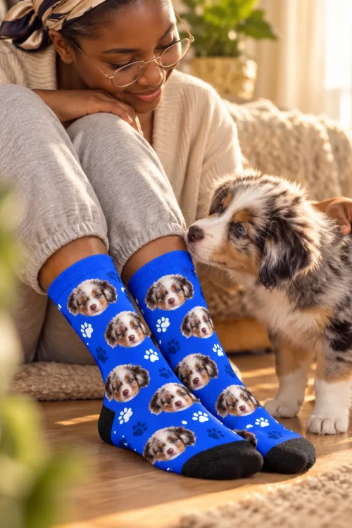 Aussie puppy sniffing royal blue paw print socks printed with its face
