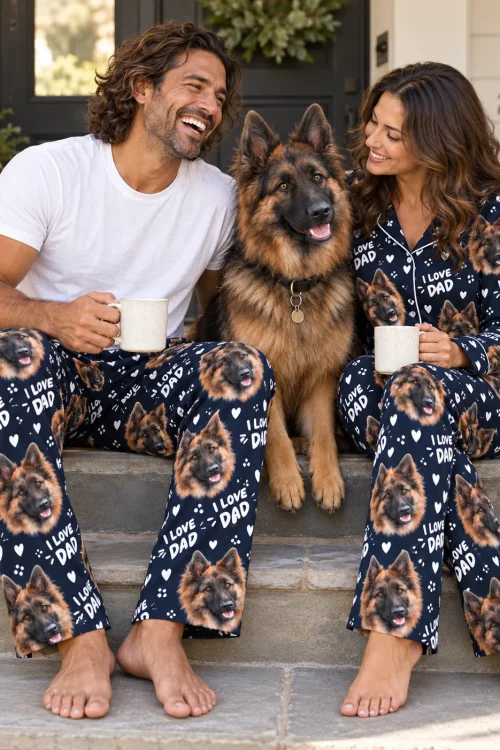 Couple in navy Father's Day pajama pants with German Shepherd faces sharing coffee with their dog on steps