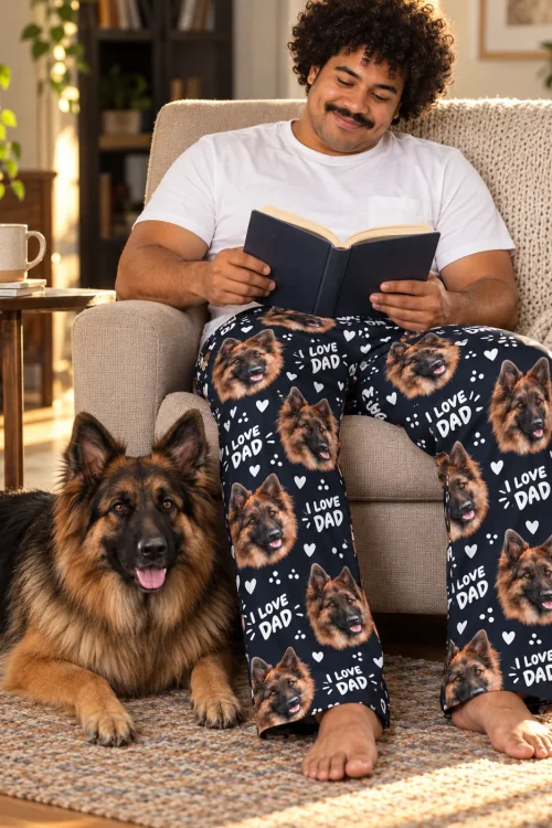 Man reading in an armchair in navy I Love Dad pajama pants, his German Shepherd lying beside him