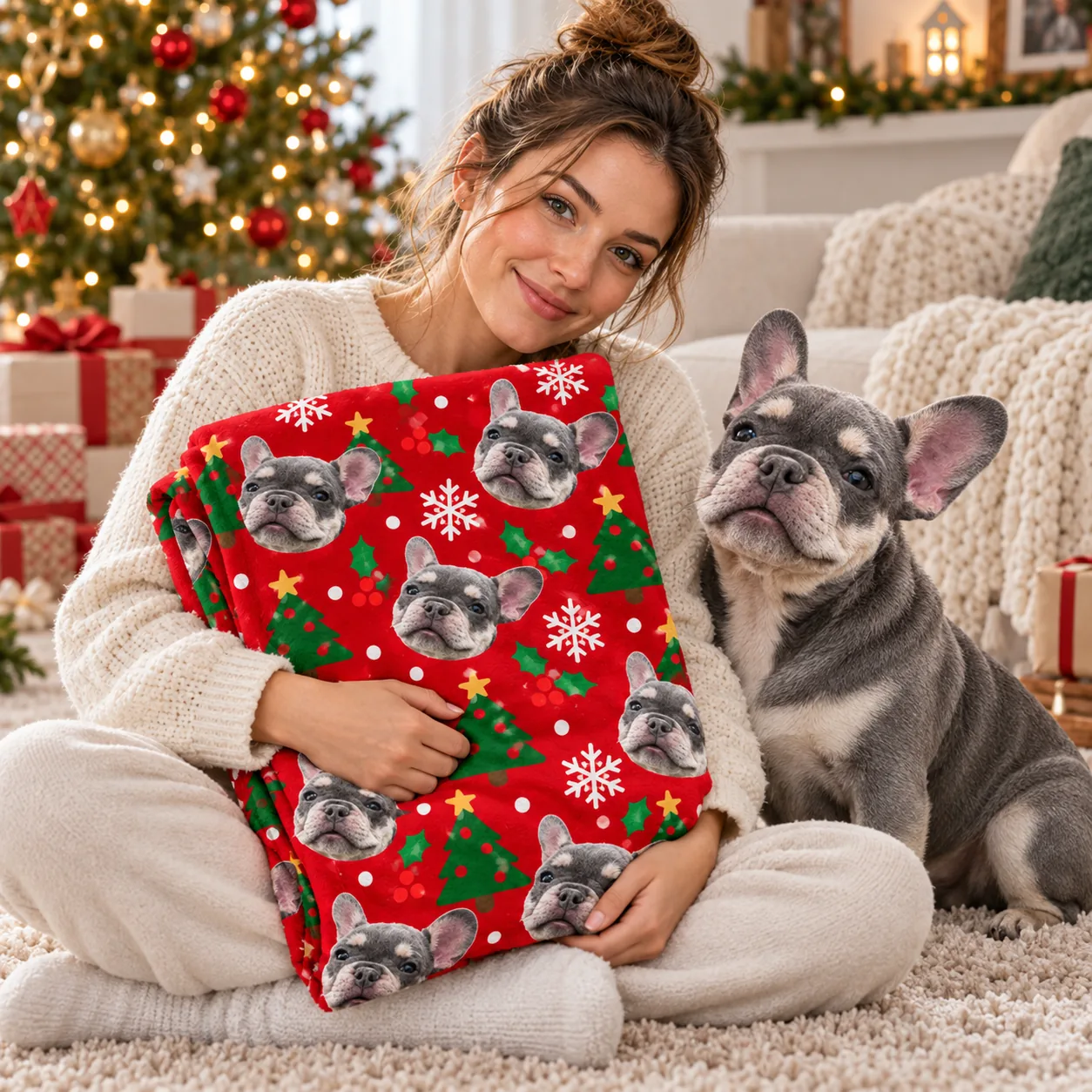 Woman holding a folded red blanket printed with her French bulldog, the dog sitting beside her