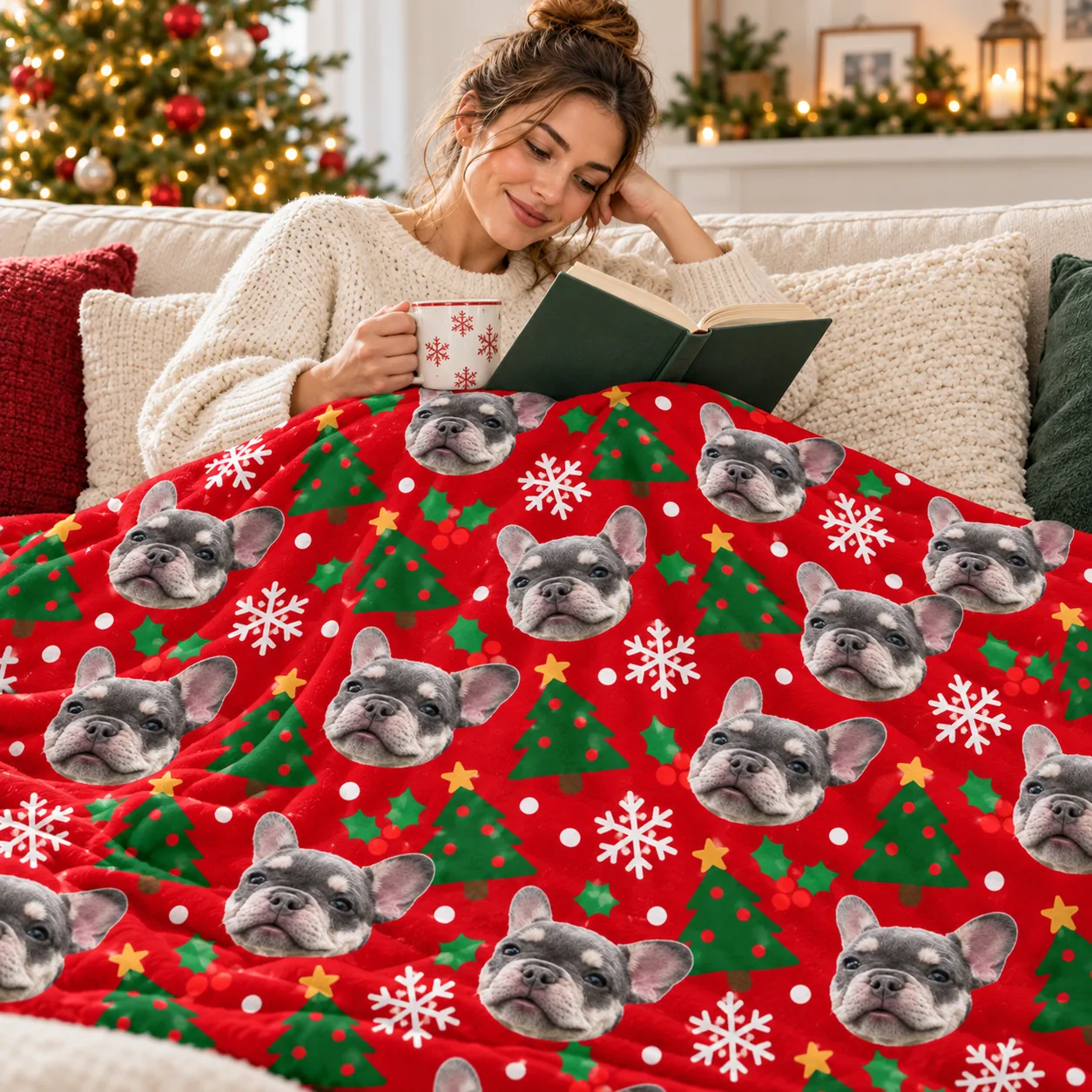 Woman reading with a mug on the sofa under a red fleece blanket printed with dog faces and Christmas trees