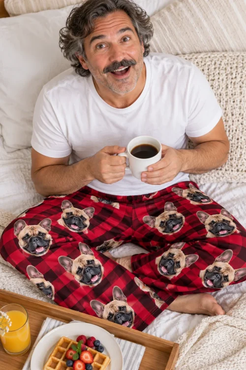 Man with a mustache holding coffee in bed, close view of red plaid French bulldog pajama pants