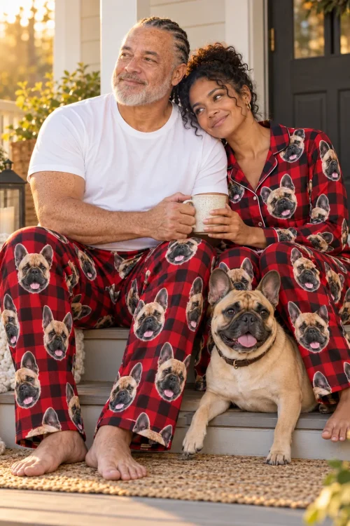 Couple on sunny front steps with their Frenchie between them, in red plaid French bulldog pajamas