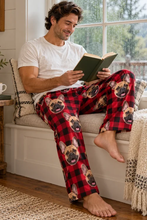 Man reading by a rainy window seat in red plaid French bulldog pajamas for men