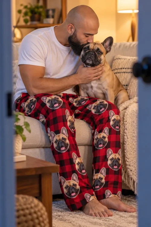 Man kissing his Frenchie on the couch, seen through a doorway, in red plaid French bulldog pajamas