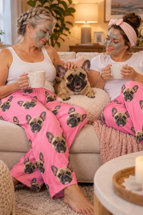 Two women in face masks sipping coffee on the couch with a Frenchie, both in pink French bulldog pajamas
