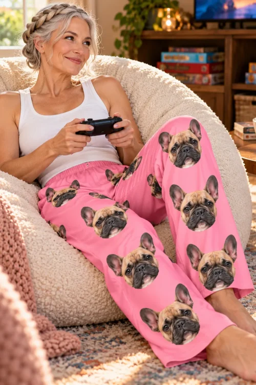 Woman playing video games in a beanbag chair, wearing pink French bulldog pajama pants