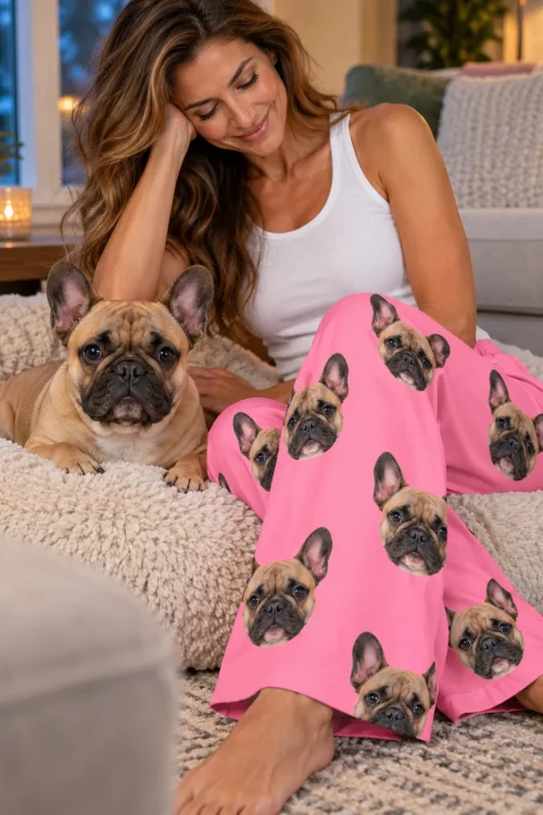 Woman resting beside her Frenchie in a plush dog bed, wearing bubblegum pink French bulldog pajamas