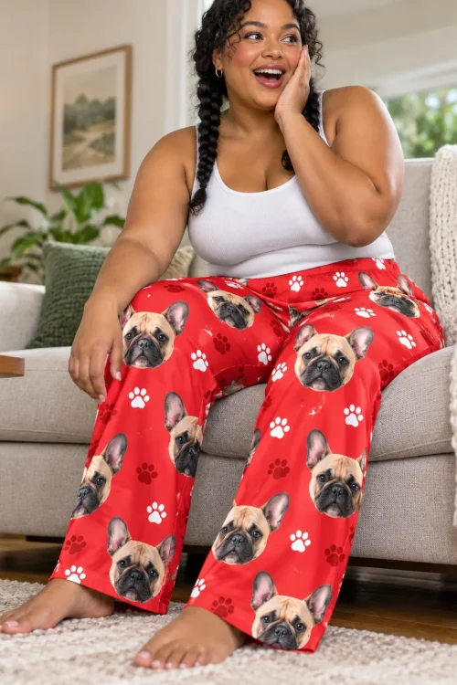 Laughing woman on a gray sofa, close view of red paws French bulldog pajama pants with Frenchie faces