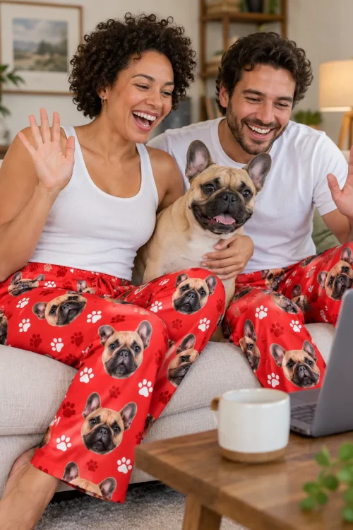 Couple waving at a laptop with their Frenchie between them, in red paws French bulldog pajama pants
