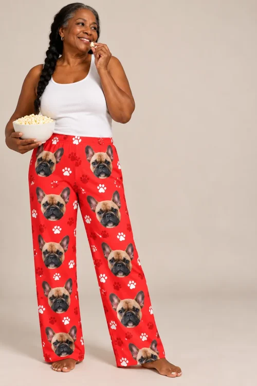 Woman with a long braid snacking on popcorn in red paws French bulldog pajama pants