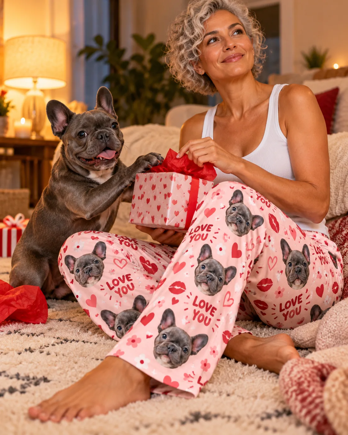 Woman opening a gift with her French bulldog, wearing pink Love You pajama pants printed with its face