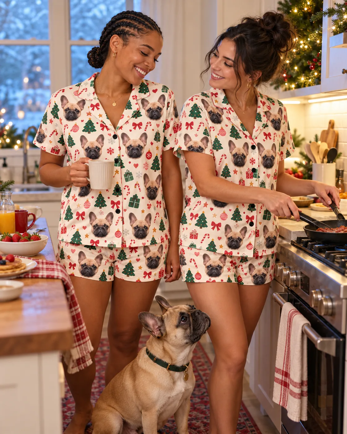 Custom French Bulldog Short Pajama Set — christmas cream family | GenzOutfit Two women cooking Christmas breakfast in cream Frenchie pajama sets while their French bulldog begs