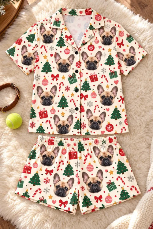Christmas cream frenchie pj set laid flat on a sheepskin rug beside a leather collar and a tennis ball