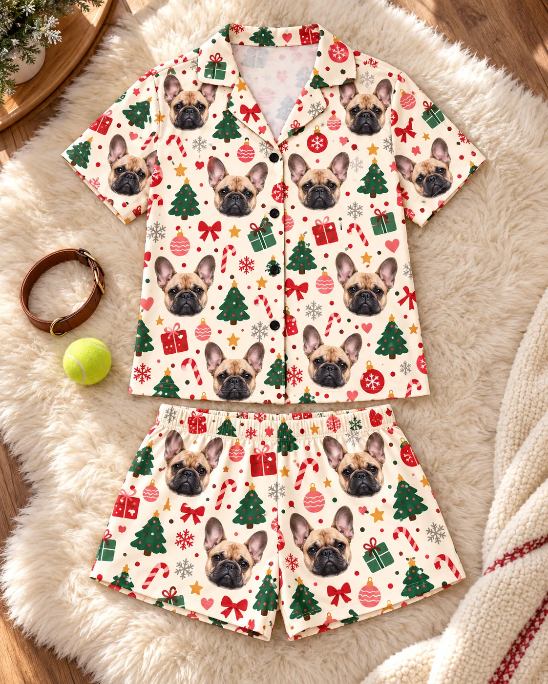 Christmas cream frenchie pj set laid flat on a sheepskin rug beside a leather collar and a tennis ball