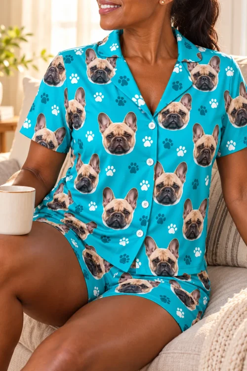 Close-up of a teal paws frenchie pj set with French bulldog faces and paw prints, woman holding a mug