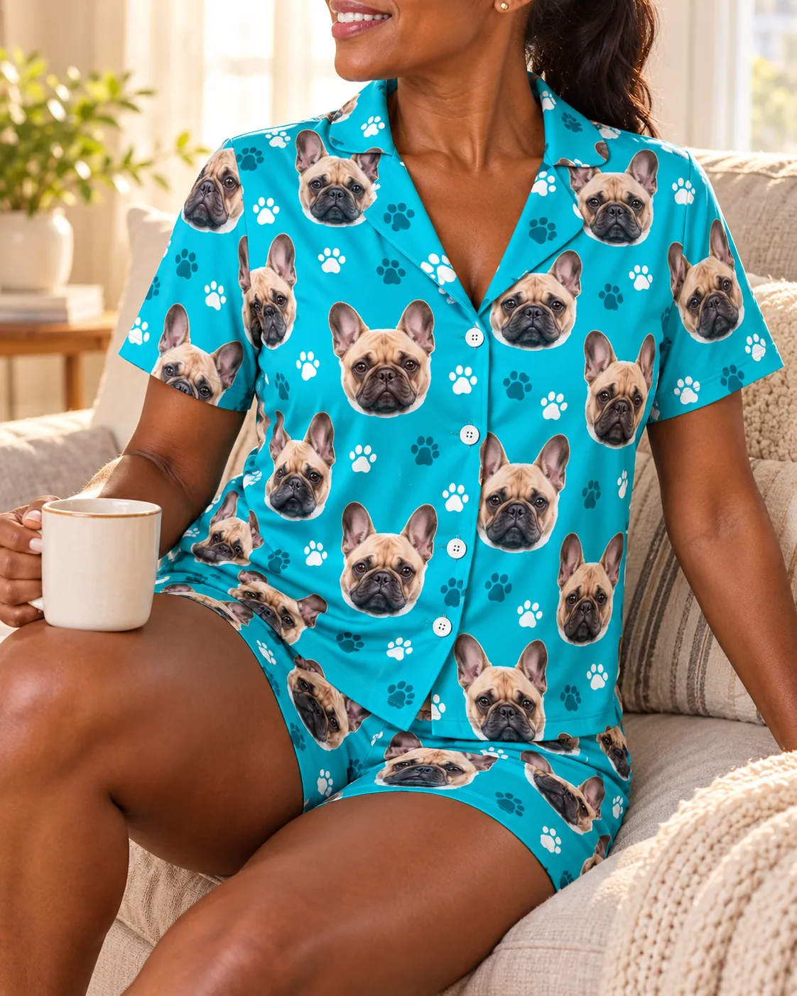 Close-up of a teal paws frenchie pj set with French bulldog faces and paw prints, woman holding a mug