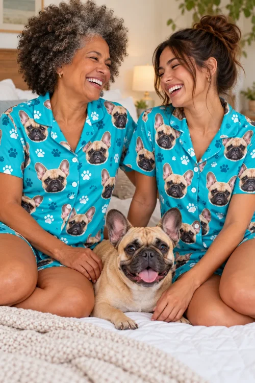 Two women laughing on a bed in matching teal paws Frenchie pj sets with a smiling fawn French bulldog