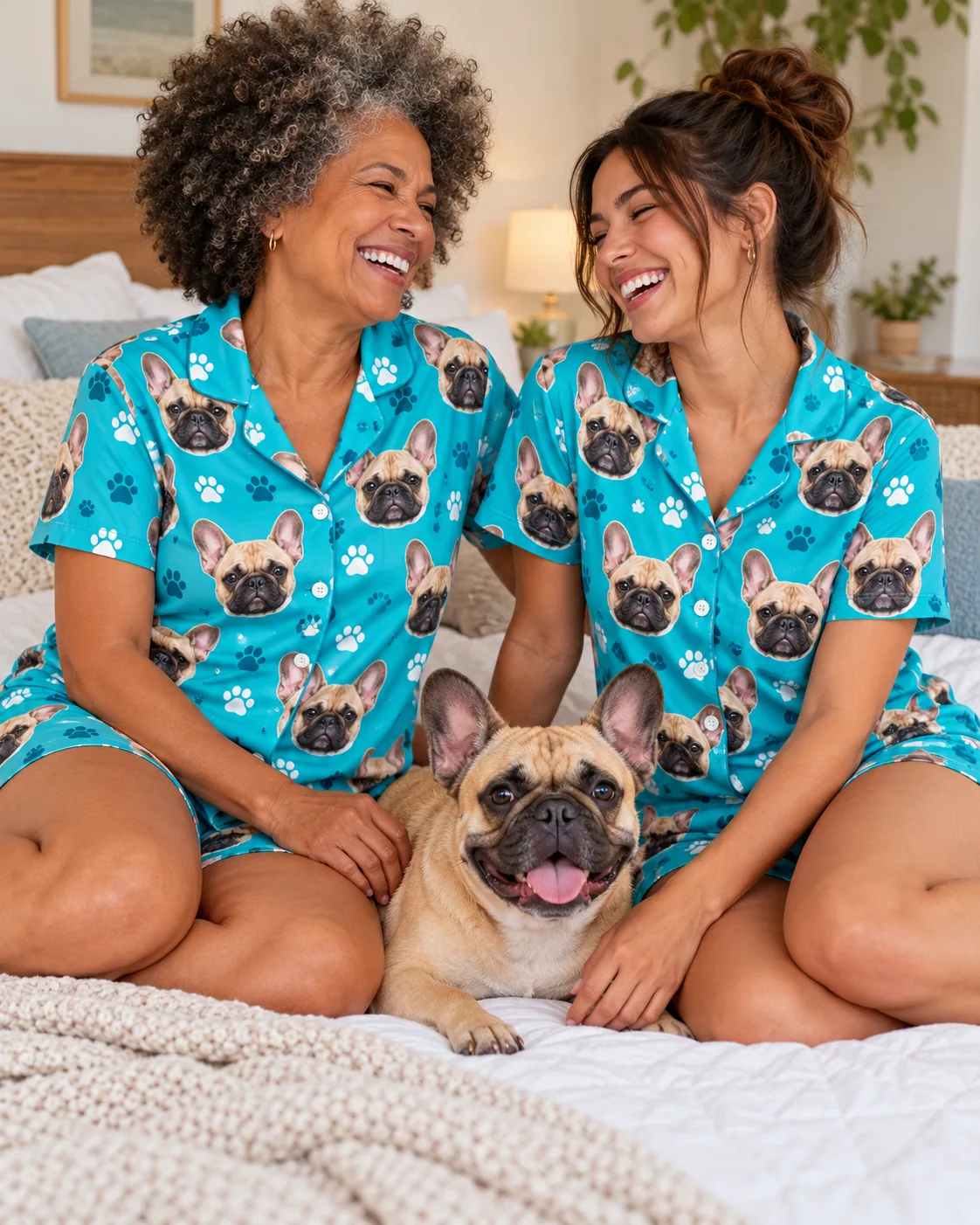Two women laughing on a bed in matching teal paws Frenchie pj sets with a smiling fawn French bulldog