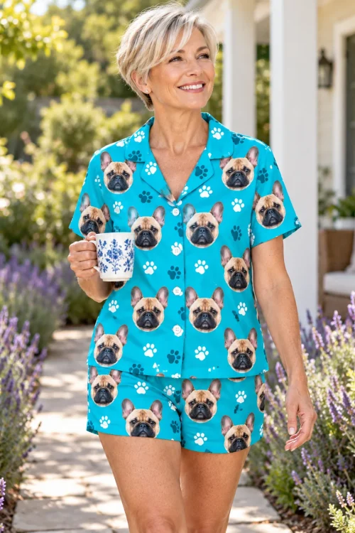 Smiling woman with coffee walking a lavender garden path in a teal paws frenchie pj set