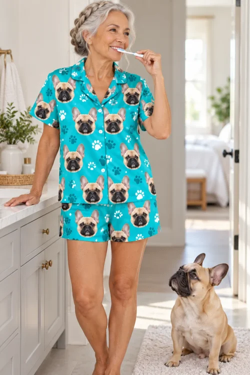 Gray-haired woman brushing her teeth in a teal paws Frenchie pajama set as her fawn Frenchie looks up