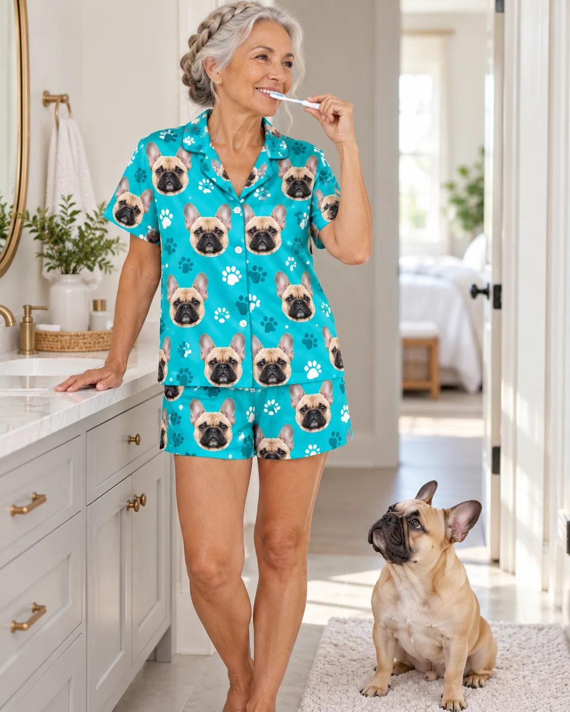 Custom French Bulldog Short Pajama Set — teal paws with pet | GenzOutfit Gray-haired woman brushing her teeth in a teal paws Frenchie pajama set as her fawn Frenchie looks up