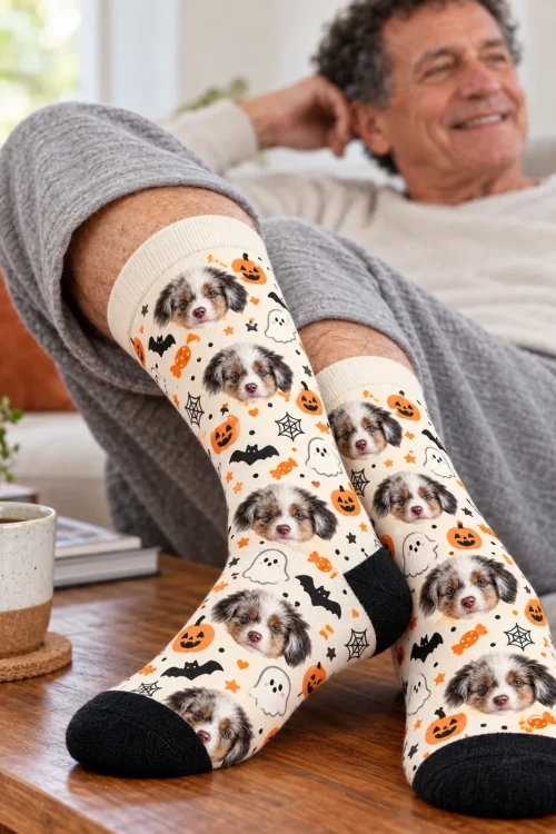 Man resting his feet on a coffee table in cream Halloween socks with puppy faces