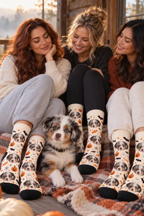 Three friends on a porch with a plaid blanket in cream Halloween face socks and their puppy