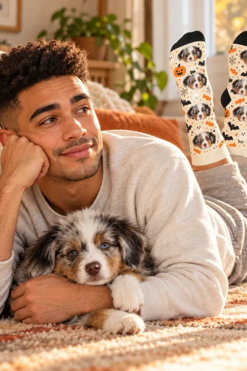 Young man lying on a rug with his Aussie puppy, feet up in cream Halloween socks