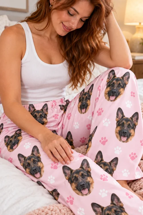 Woman smiling down at her blush pink paws german shepherd pajama pants while sitting on a bed
